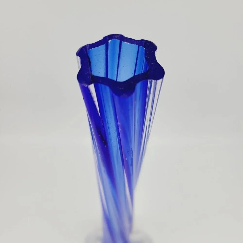 Vintage Cobalt Blue Encased Twisted Blue Art Glass Vase Elephant Foot Base 11.5